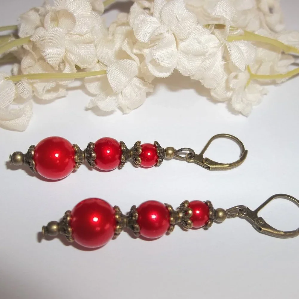 Pearl Earrings, Red and Bronze, Dangle and Drop, Fashion Jewelry Accessory 7394 - Picture 4 of 8